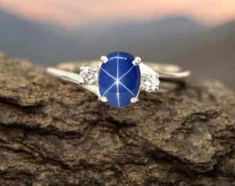 Vintage Blue Lindy Star Ring, Blue Star Sapphire Silver Ring, 925 Sterling Silver, Lab 6 Rays Star Gemstone, Engagement Ring, Gift For Her