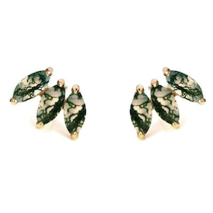 Pendiente de hoja de ágata de musgo natural de oro macizo de 14 k, perno en forma de marquesa de dos pétalos, pasador de empuje sin rosca, perno de cartílago, hélice, caracola, tragus