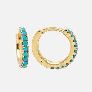 Huggies turquesas de oro macizo de 14 k, mini aros de oro macizo, pendientes Huggie de oro con diamantes pequeños, pendientes de aro pequeños, pendientes Huggies de ónix negro