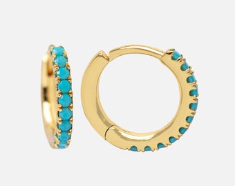 14k Solid Gold turquoise Huggies, Solid Gold Mini Hoops, Small Diamond Gold Huggie Earrings, Small Hoop Earrings,black onyx Huggies earring