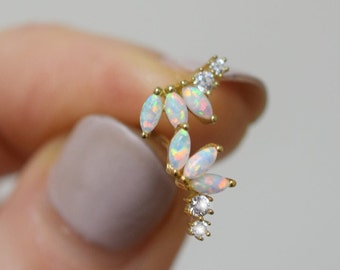 14K Gold opal & moissanite Earring Threadless Push Pin Stud Dainty Fan Shape Cartilage Helix Natural stone Flat Back Earring 20g gift forher