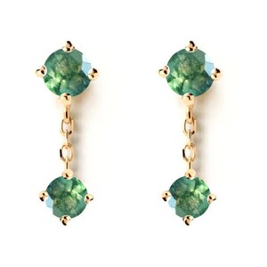 14K Solid Gold Dangle Chain Moss Agate Stud Earring Moss agate Cartilage Earring Helix Piercing Conch Earring Tragus Stud Flat Back Earring