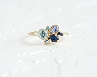 Mixed Stone Cluster Ring Aquamarine, London Blue Topaz, Tanzanite & CZ Diamond Cluster Ring Alternative Engagement Ring Four Birthstone Ring