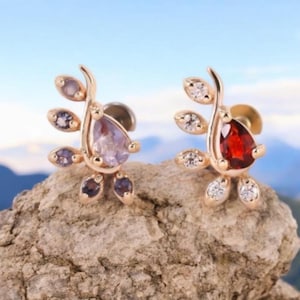 14K Solid Gold Leaf Garnet with Moissanite Cartilage Piercing, Iolite Helix Stud, Gemstone Ends Conch Earring, Flat Back Earring