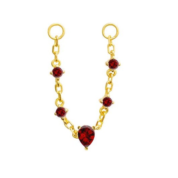 14K Solid Gold Dangle red garnet Chain Attachment Gemstone Helix Chain Connector Gold Chain Piercing Dangle Gemstone Charm Earring Jacket