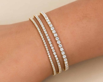 Pulsera de tenis minimalista con diamantes de oro de 14 quilates y diamantes de 1,20 mm. Regalo de cumpleaños para mujer.