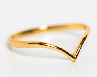 Anillo en V de oro macizo de 14 quilates, delicado anillo curvo apilable, joyería de boda hecha a mano, regalo para mujer, anillo en forma de hueso de la suerte, anillo ondulado contorneado