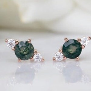 14K Gold Moss Agate Earring Threadless Push Pin Stud Dainty Fan Shape Cartilage Helix Conch Earring Natural stone Flat Back Earring handmade