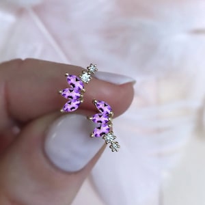 14K solid Gold amethyst Earring Threadless Push Pin Stud Dainty Fan Shape Cartilage Helix Natural stone Flat Back Earring gift for her