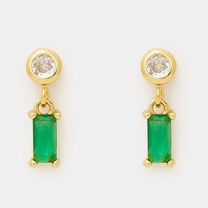 14K Solid Gold emerald baguette Shape Dangle Earring,emerald Gemstone Cartilage Stud Rhombus Helix Conch Tragus Earring Flat Back earring