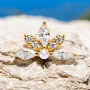 14k Solid Gold Marquise pearl moissanite Cartilage Earring Fan Shape Conch Earring Moonstone Helix Stud Tragus Stud Flat Push Back Earring