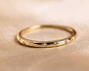 10K Solid Gold Diamond Starburst Wedding Band , Eternity Diamond Band ...
