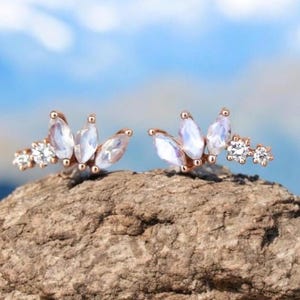 14K Gold rainbow Moonstone Earring Threadless Push Pin Stud Dainty Fan Shape Cartilage Helix Conch Earring moissanite Flat Back Earring gift