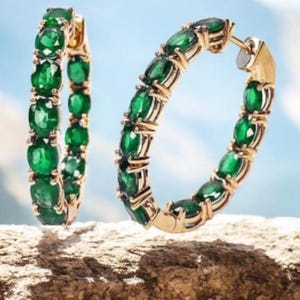 Real emerald oval shape hoops earrings gold | Natural 6 x 4 MM 8-9CTW oval emerald hoops earrings gold | Emerald cut emerald hoop earrings gold