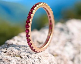 ruby wedding band, ruby eternity ring, 14k gold ruby ring, dainty minimalist ring, stacking ring, july birthstone, personalized gift for her