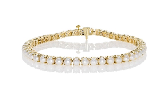18K Gold natural Freshwater Pearl Tennis Bracelet 925 Sterling Silver Pearl Tennis Bracelet Genuine pearl Bracelet Stackable Bracelet gift Etsy