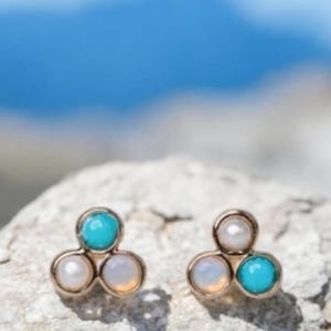 14K Solid Gold turquoise opal pearl 3 stone Cartilage Stud Earrings tragus stud conch earrings stud earring helix stud flat back labret 20g