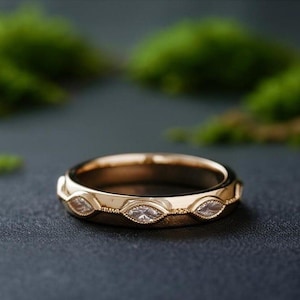 Marquise-slipad moissanitring, guldring med fem stenar och diamanter i kluster, unik vigselring med frieri, jubileumsbrudring med gåva till fru