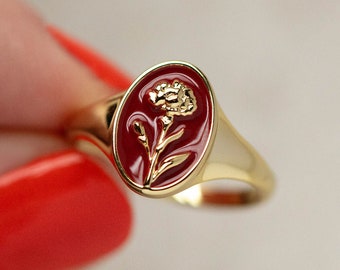Enamel Birth Flower Signet Ring, Birth Flower Ring, Gift for Her, Personalized Birth Flower Gift enamel Pinky Ring birth Enamel Signet Ring