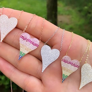 Collar con corazón de diamantes pavé - collar con corazón alargado > oro de 14 k - corazón de diamantes - plata de 16 a 18 pulgadas • SOLO CORAZÓN GRANDE • Envío rápido