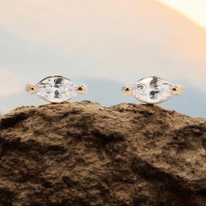 14K Gold Marquise moissanite Earring Tiny Marquise Cartilage Earring Helix Stud Threadless Push Pin Stud Tragus Stud Flat Back Earring 20g