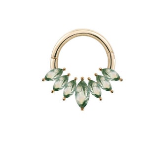 14K Solid Gold Moss Agate Fan Shape Hinged Clicker Ring Gold Daith Piercing Cartilage Hoop Earring Septum Nose Ring Helix Piercing 16g