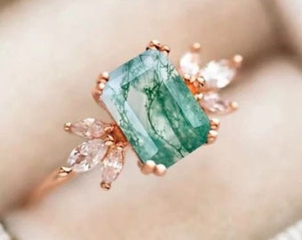 Vintage Emerald Cut natuurlijke groene mos Agaat verlovingsring Moissanite cluster ringen voor vrouwen zilveren belofte verjaardag handgemaakte ring