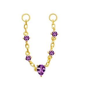 14K Solid Gold Dangle amethyst Chain Attachment Gemstone Helix Chain Connector Gold Chain Piercing Dangle Gemstone Charm Earring Jacket