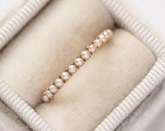 Freshwater Pearl Eternity Wedding Band Gold Plated Stackable Matching Band For Women June Birthstone Promise Engagement Gift Vintage Jewelry