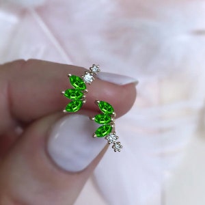 14K Gold emerald Earring Threadless Push Pin Stud Dainty Fan Shape Cartilage Helix Natural green gemstone Flat Back Earring gift for her