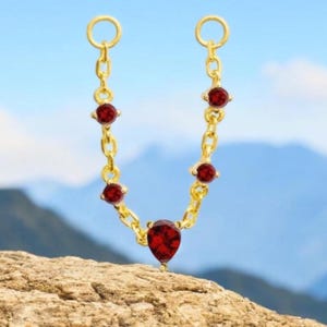 14K Solid Gold Dangle red garnet Chain Attachment Gemstone Helix Chain Connector Gold Chain Piercing Dangle Gemstone Charm Earring Jacket