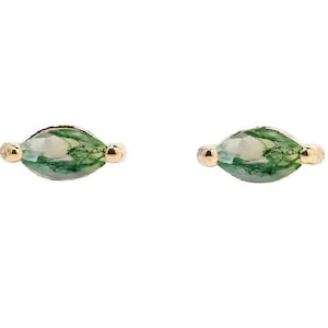 Pendiente de ágata de musgo marquesa de oro de 14K Pendiente de cartílago de marquesa diminuto Pendiente de hélice Stud sin rosca Stud Tragus Stud Pendiente de espalda plana