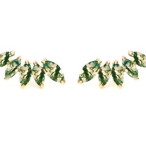 14K Gold Moss Agate Earring Threadless Push Pin Stud Dainty Fan Shape Cartilage Helix Natural stone Flat Back Earring Gold Helix Conch Stud