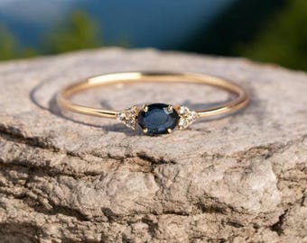 14k Gold Delicate Blue Sapphire Ring, Sapphire Engagement Ring, Genuine Sapphire Ring, Minimalist Jewelry, Birthstone Ring Gift for Her