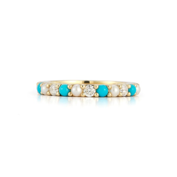 Bague d’éternité perle turquoise turquoise&Pearl Matching Band Akoya Pearl avec moissanite Half Eternity Stacking Ring Minimaliste Bague délicate