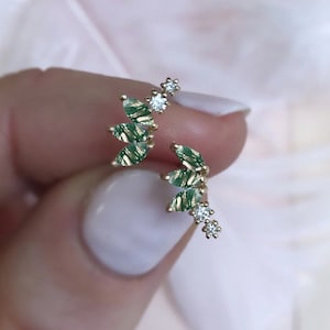 14K Gold moss agate Earring Threadless Push Pin Stud Dainty Fan Shape Cartilage Helix Natural stone Flat Back Earring gift for her