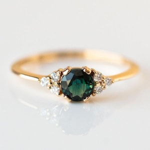 Vintage Teal Sapphire Engagement Ring Unique Round Cut Solid 14k Gold Ring Blue Green Sapphire Ring Diamond Wedding Promise Ring For Wife