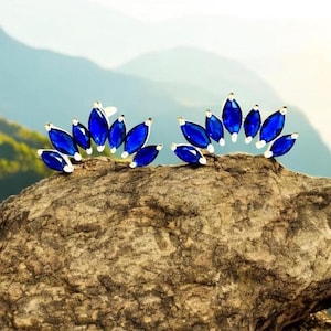 14K Gold tanzanite Earring Threadless Push Pin Stud Dainty Fan Shape Cartilage Helix Natural tanzanite stone Flat Back Earring gift for her