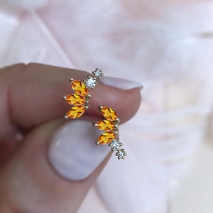 14K Gold Citrine Earring Threadless Push Pin Stud Dainty Fan Shape Cartilage Helix Natural gemstone Flat Back Earring gift for her