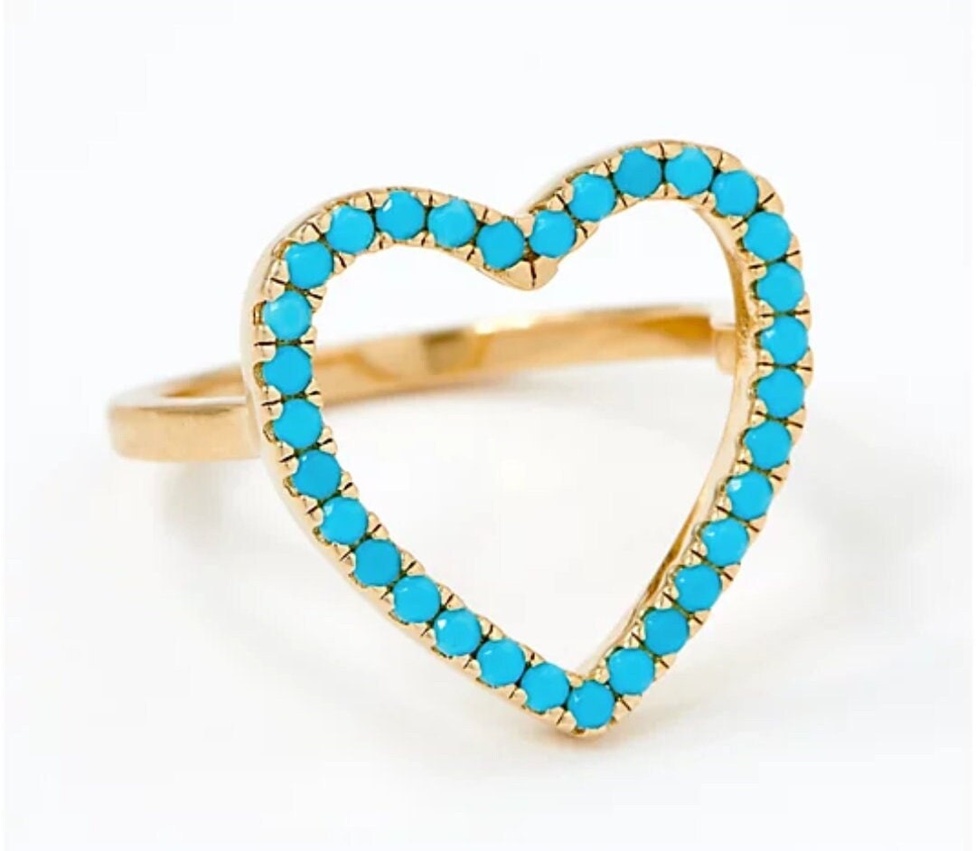 Turquoise Open Heart Ring, 925 sterling Silver Open Heart turquoise Ring,Heart Shaped Ring,Heart Outline Heart Ring, Minimalist heart ring