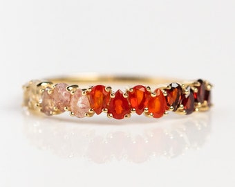 14k Solid Gold Ombre Birthstone Ring Unique Multi Gemstone Wedding Band, Personalized Band, Birthstone Band,Art Deco Band, Promise Band Ring