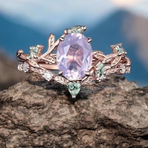 Vintage oval cut Lavender Amethyst engagement ring rose gold art deco cluster leaf nature inspired moss agate bridal wedding ring set women