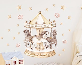 Carousel with Ponies Wall stickers for kids, Gold / circus wall stickers /  Ponies /
