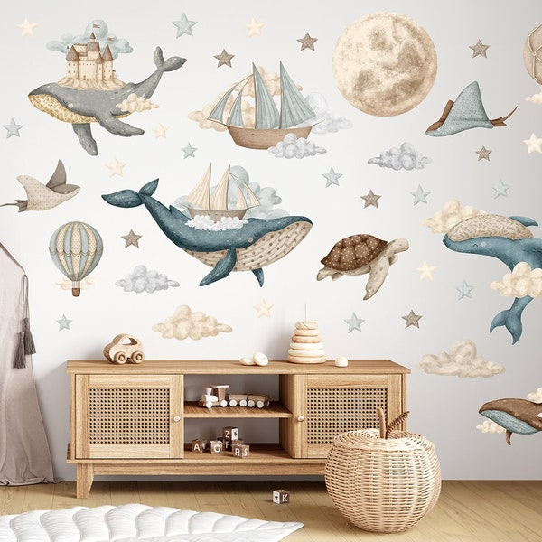 Sticker mural océan rêveur XL / sticker mural montgolfière vintage / Stickers aquarelle navires et baleines / Sticker lune et étoile