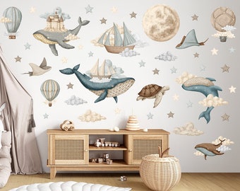 Sticker mural océan rêveur XL / sticker mural montgolfière vintage / Stickers aquarelle navires et baleines / Sticker lune et étoile