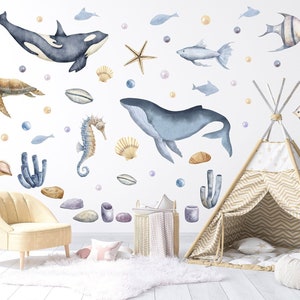 Ocean Animals Wall Decal XL/ Whales  wall decal / Sea animals wall decal /Ocean kids room wall decal / Watercolor ocean decal