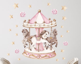 Carousel with Ponies Wall stickers for kids, PINK / circus wall stickers /  Ponies /