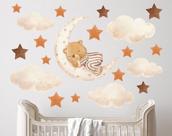 OURS sur la LUNE / Sticker mural pépinière Boho / Stickers aquarelle / Stickers muraux ours / Sticker mural lune