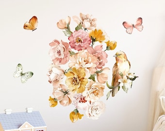 Fleurs de pivoine Wall Decal XL / Fleurs jaunes Nursery Decor / Boho Flowers Wall sticker / Autocollants muraux papillon