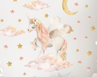 Unicorn Wall sticker / Unicorn nursery wall decal / Watercolor decals / Pegasus Wall Sticker / Moon and Stars Wall sticker